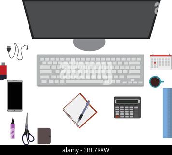 Workspace office tools set, essential graphic flat design Stock Vector