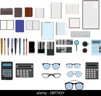 Workspace office tools set, essential graphic flat design Stock Vector