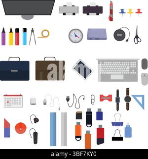 Workspace office tools set, essential graphic flat design Stock Vector
