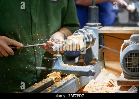 wood turning lathe, timber woodworking, carpentry building, decorative hobby Stock Photo