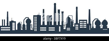 Industrial factories silhouette background. Oil refinery complex with pipes and tanks gas production rigs. Seamless horizontal pattern Stock Vector