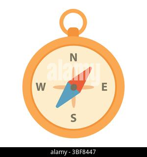 A minimalistic flat vector illustration of a compass with cardinal directions marked and a red-blue needle, representing navigation, orientation, and Stock Vector