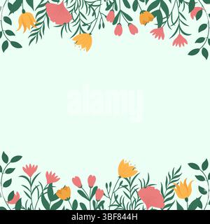 A delicate floral illustration featuring a symmetrical arrangement of pink and yellow flowers with green leaves, creating a natural decorative frame o Stock Vector