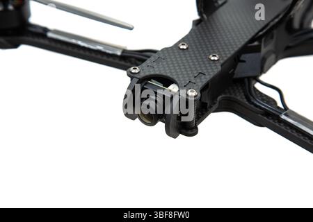 Close-up of front-mounted FPV camera on carbon fiber drone. Stock Photo