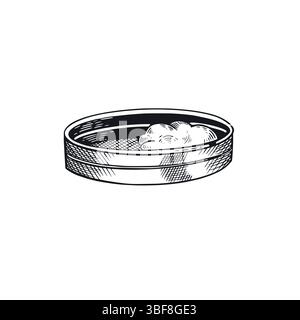 Sieve for sifting flour, hand drawn in vector in dark gray color. Vector illustration. Suitable for printing on fabric, paper, for food packaging Stock Vector