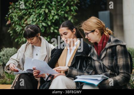 Three businesswomen collaborating together outdoors while reviewing documents Stock Photo