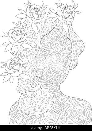 Black and white line art illustration featuring abstract profiles of two women intertwined with decorative patterns of swirls, circles, and roses. Des Stock Vector