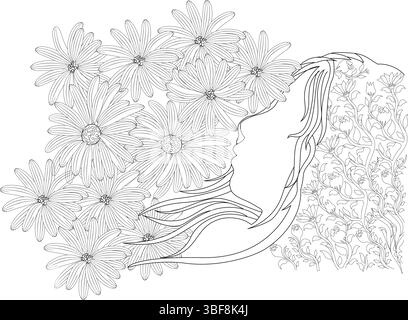Black and white line drawing featuring a woman's profile silhouette with long, flowing hair intertwined with detailed floral patterns including large Stock Vector