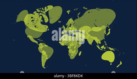 Abstract green world map with splash shapes on dark blue. Artistic distorted global layout for education, posters, infographics, creative design Stock Vector