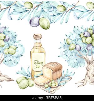 Olives and olive oil framed with a seamless pattern of greenery and bread celebrating the essence of Italian cuisine nature and nutrition Stock Vector