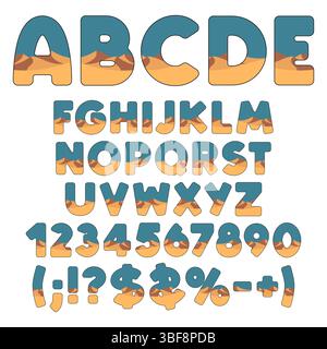 Alphabet, font with desert and dunes. Isolated vector object on white background. Stock Vector