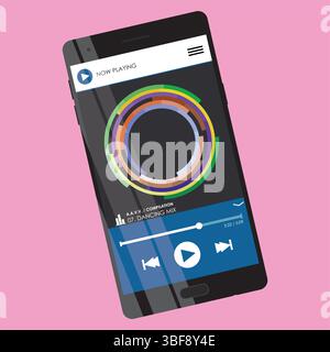 Conceptual image of a smartphone displaying a music streaming application Stock Vector