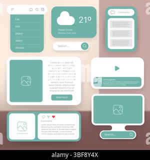Vector illustration of a modern web UI kit featuring various interface elements including weather widget, search bar, video player, social media post Stock Vector