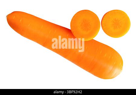 Side view of one fresh orange carrot root with slices in circles in stack is isolated on white background with clipping path. Stock Photo