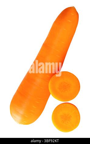 Side view of one fresh orange carrot root with slices in circles in stack is isolated on white background with clipping path. Stock Photo