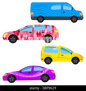 A set of four cars painted in different colors. Vector illustration Stock Vector