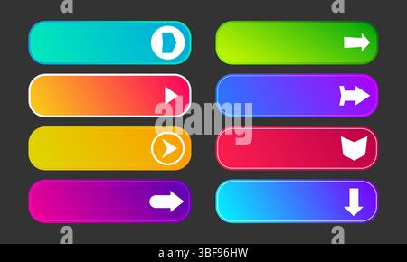 Colorful gradient buttons with arrows. Set of eight modern abstract web buttons. Vector illustration Stock Vector