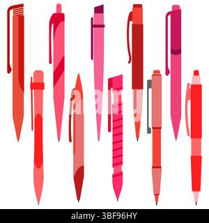 Set of red pens on a white background. Vector illustration. Stock Vector