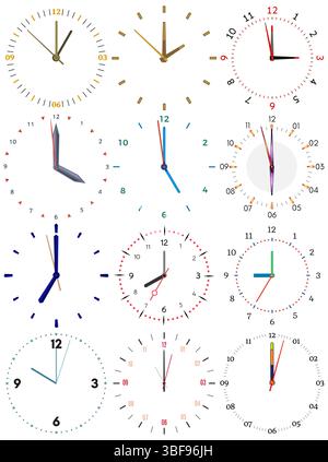 A set of different mechanical clocks with an image of each of the twelve hours. Clock face on white background. Stock Vector