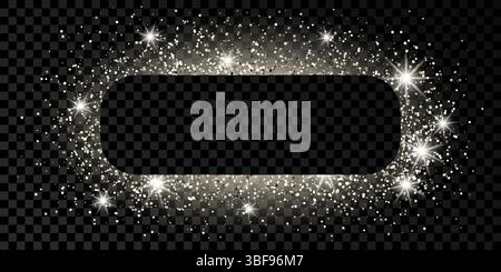 Silver rounded rectangle frame with glitter, sparkles and flares on dark transparent  background. Empty luxury backdrop. Vector illustration. Stock Vector