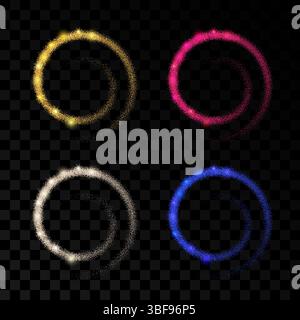Set of four light wave with gold, silver, red and blue glitter effects on a dark transparent background. Abstract swirl lines. Vector illustration Stock Vector