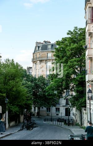 A view looking up a Parisian street towards the upper floors and roofline of a classic Haussmann-style apartment building, framed by large, leafy gree Stock Photo