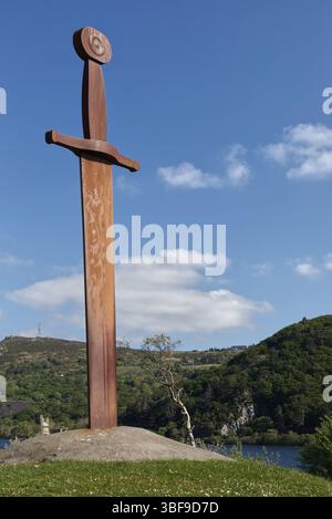 Sculpture of King Arthur's sword Excalibur at Llanberis, Snowdonia National Park, North Wales, UK, near Lake Padarn Stock Photo