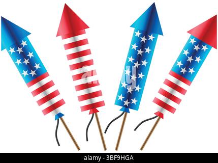 Firework rockets with the Stars and Stripes pattern, independence, memorial or US holiday graphic element isolated on a white background Stock Vector