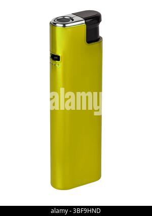 Handy gas lighter in plastic case, compact and durable. on white background. on white background. Safety locking system prevents accidental operation. Stock Photo