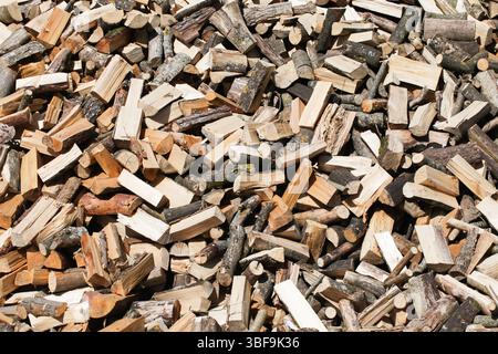 Wood chip pile background. Firewood and chopped timber closeup. Textured dry pieces of wood. Energy resource for fireplace. Rustic outdoor scene. Stock Photo