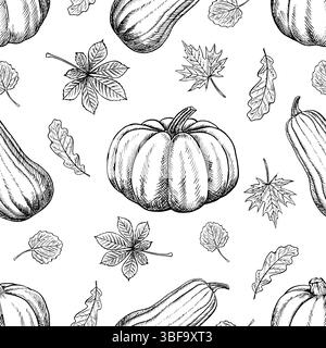 Seamless pattern of pumpkins and leaves of maple, oak, chestnut, aspen trees. Vector graphics. Black and white hand-drawn illustration. On a white Stock Vector