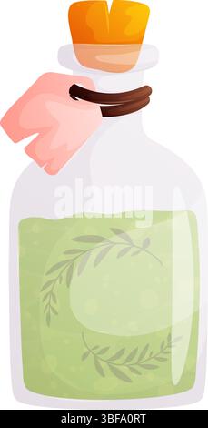 A vintagestyle bottle filled with a green herbal potion, sealed with a cork, and featuring a label ideal for fantasy, magic, or natural remedy concept Stock Vector