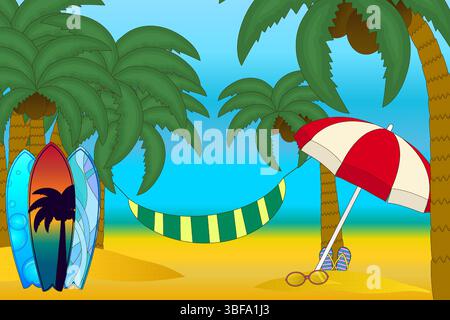 Cartoon vector illustration scene of Tropical beach with palm trees, surfboards, hammock, umbrella, and summer accessories. For summertime, vacations, Stock Vector