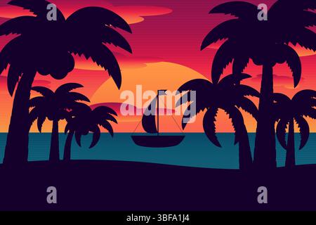 Tropical summer beach sunset vector illustration with sailboat and palm trees silhouette on ocean horizon in vibrant orange and purple tones. For summ Stock Vector