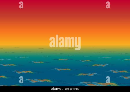 Cartoon summer vector illustration scene of abstract ocean waves under colorful sunset sky. Tropical seascape background in gradient. For summertime, Stock Vector
