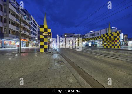 Steintor tram stop, designer Alessandro Mendini, general architecture, blue hour in the evening, deep blue evening sky, cumulus clouds, Kurt-Schumache Stock Photo