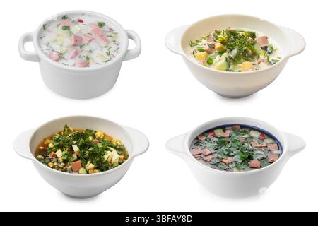 Cold soups in bowls isolated on white, set Stock Photo