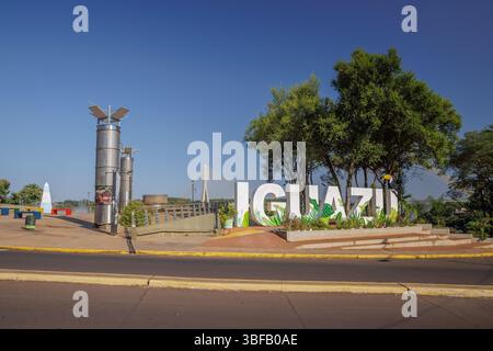 Puerto Iguazu, Misiones, Argentina - May 18th, 2025: Iguazu sign at the Three Borders Landmark. Stock Photo