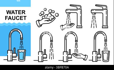 Faucet, water tap pipe kitchen sink, washing hand or drinking glass, skin care hygiene cleaning. Bathroom sanitary plumbing equipment  line icon set Stock Vector