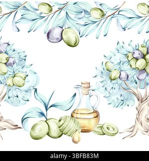 Seamless pattern of olives and olive oil framed by delicate branches showcases the beauty of nature and Italian cuisine in watercolor technique Stock Vector