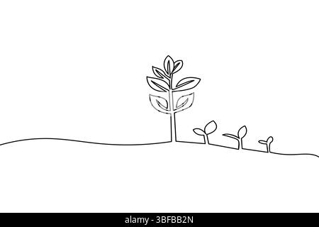 Continuous line drawing of growing plants depicting life cycle stages and growth Stock Vector