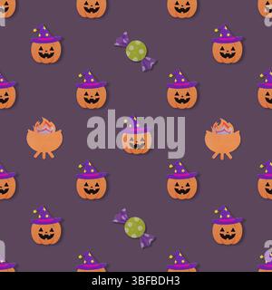 Pumpkin, candy, potion made of paper, with shadow, on a purple background, seamless pattern, photo Stock Photo