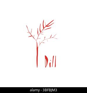 Red dill sprig with handwritten dill text on white background simple fresh vector illustration Stock Vector