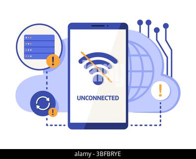 Smartphone with Notification No Wi-Fi Signal Unconnected with Cloud Computing Server for Internet and Wireless Connection Technology Concept Stock Vector