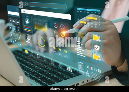 Data science technology and digital marketing. Financial business KPI System data analytics graph dashboard. Analyst uses a computer and dashboard for Stock Photo