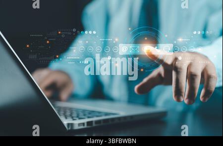 Contact us or the customer support hotline to connect. Businessman touching on virtual screen contact icons. Connecting line, email, AI chat, internet Stock Photo
