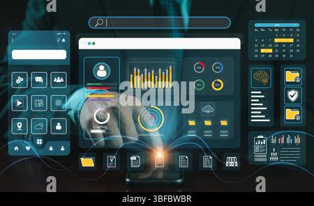 Process of creating an interface for a mobile app. User interface and experience concept. Holographic displays, icons, data visualizations. Web, appli Stock Photo