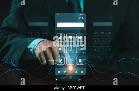 Process of creating an interface for a mobile app. User interface and experience concept. Holographic displays, icons, data visualizations. Web, appli Stock Photo