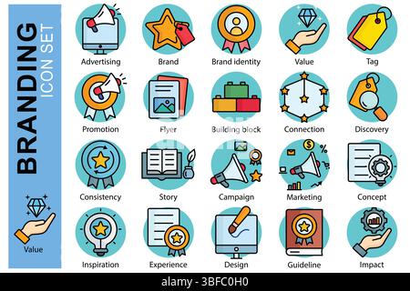 Branding icon set. colored outline icon style. containing icon advertising, brand, promotion and more. business element vector illustration Stock Vector