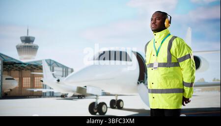 African American Aircraft Maintenance Worker On Runway At Airport. Stock Photo